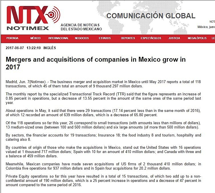 Mergers and acquisitions of companies in Mexico grow in 2017